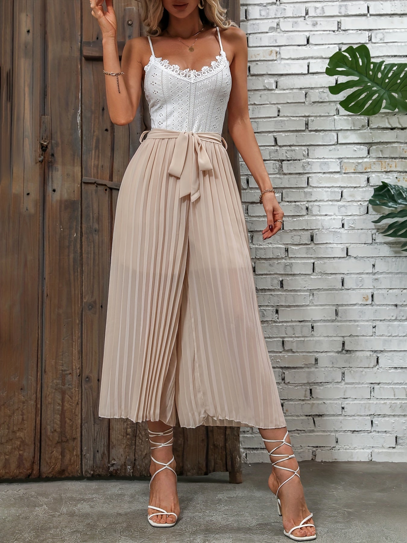 Eyelet Pleated Wide Leg Cami Jumpsuit Sleeveless Belted Jumpsuit