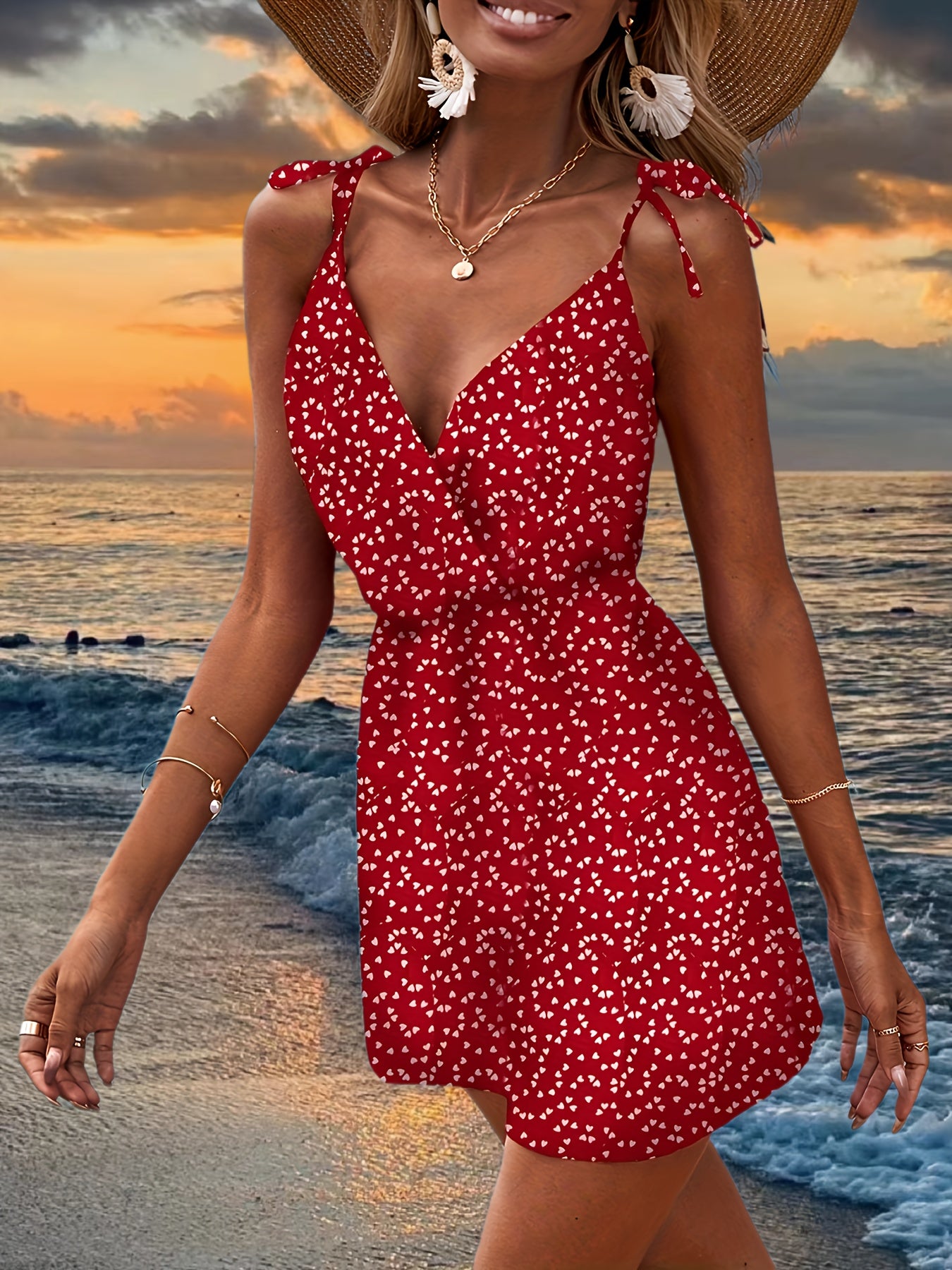 Heart Print V neck Spaghetti Dress Beach Wear Cami Dress Women's Clothing