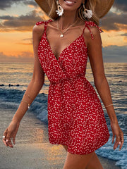 Heart Print V neck Spaghetti Dress Beach Wear Cami Dress Women's Clothing