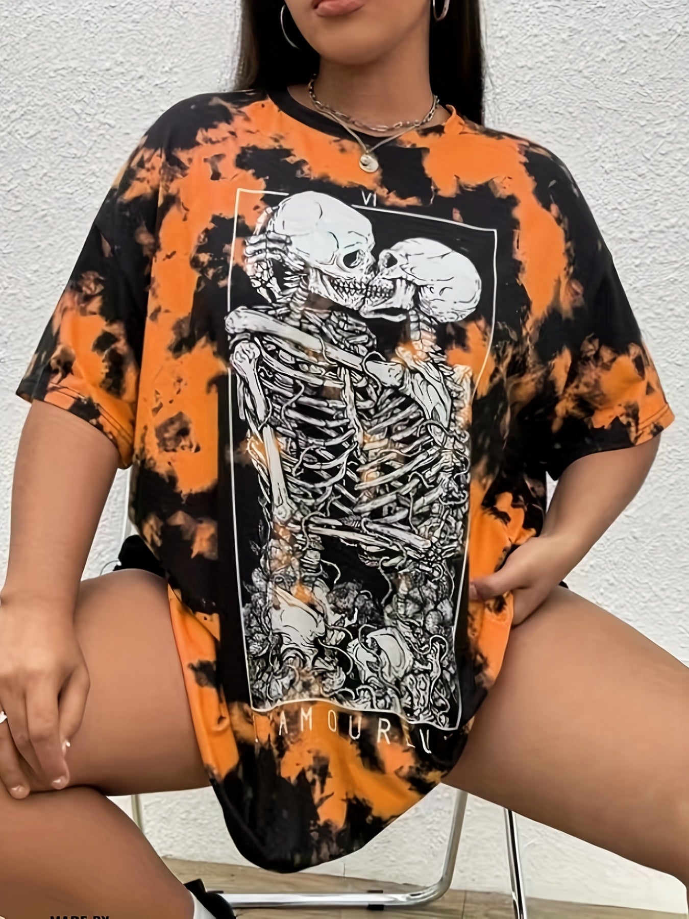 Tie Dye & Skull Print Short Sleeve Halloween Sports Top