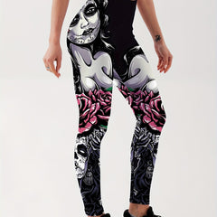 Girls Rose Print Yoga Leggings Mid Waist Fitness Workout Exercise Sports Pants