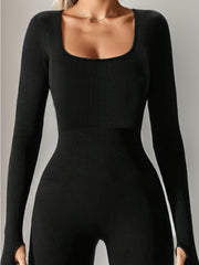 Solid Yoga Bodysuit Square Neck Jumpsuit Activewear