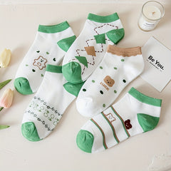 5 Pairs Cartoon Bear Socks & Lightweight Low Cut Ankle Socks