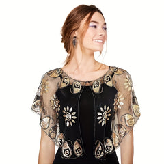 Sunflower Embroidery Shawl Sequin Decor Cape Women Glitter Scarf