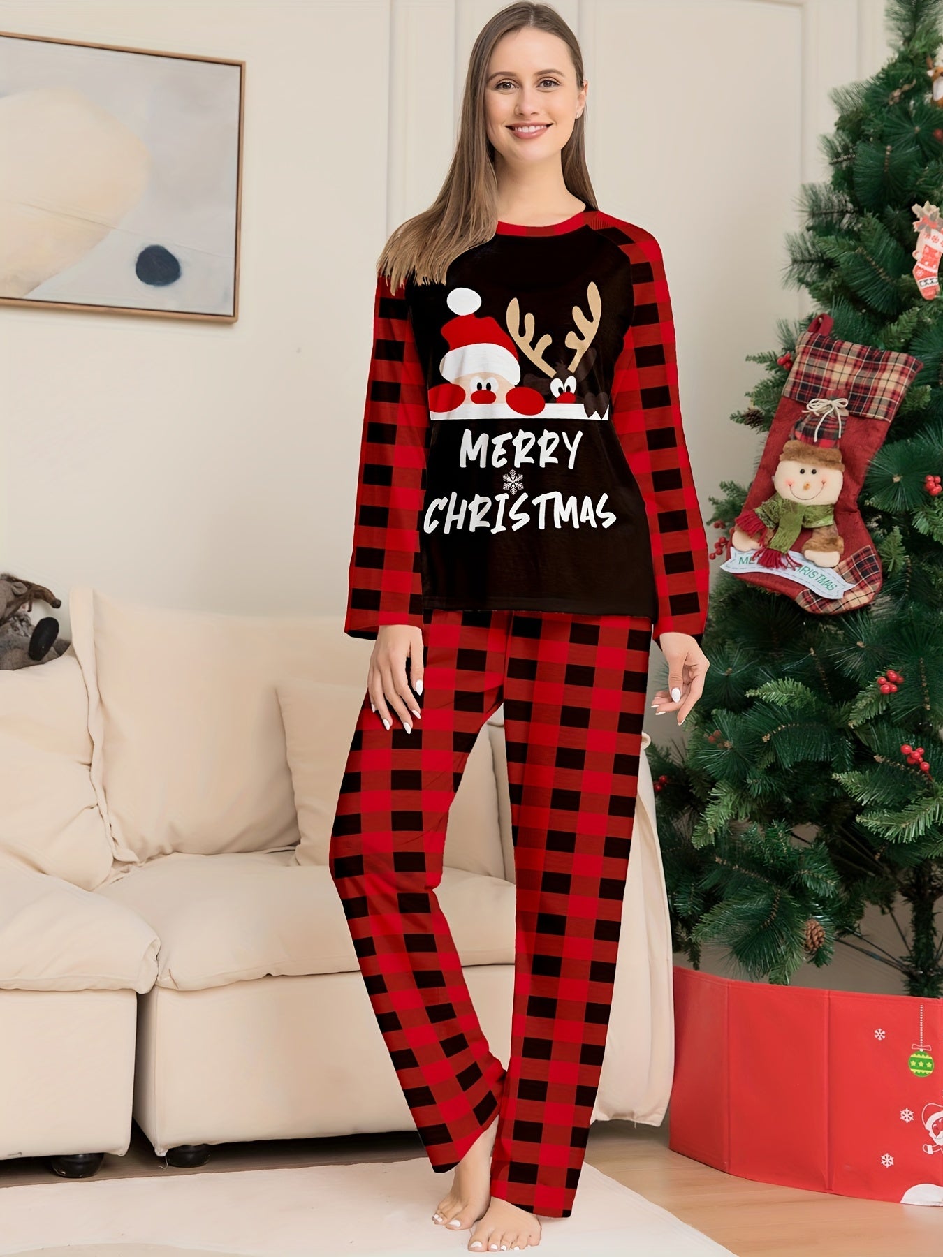 Christmas Deer Print Pajama Set Long Sleeve Top & Pants Women's Loungewear