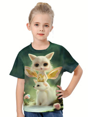 Girls 3D Cartoon Fox Wings Graphic Short Sleeve T-shirt Top For Summer Sports