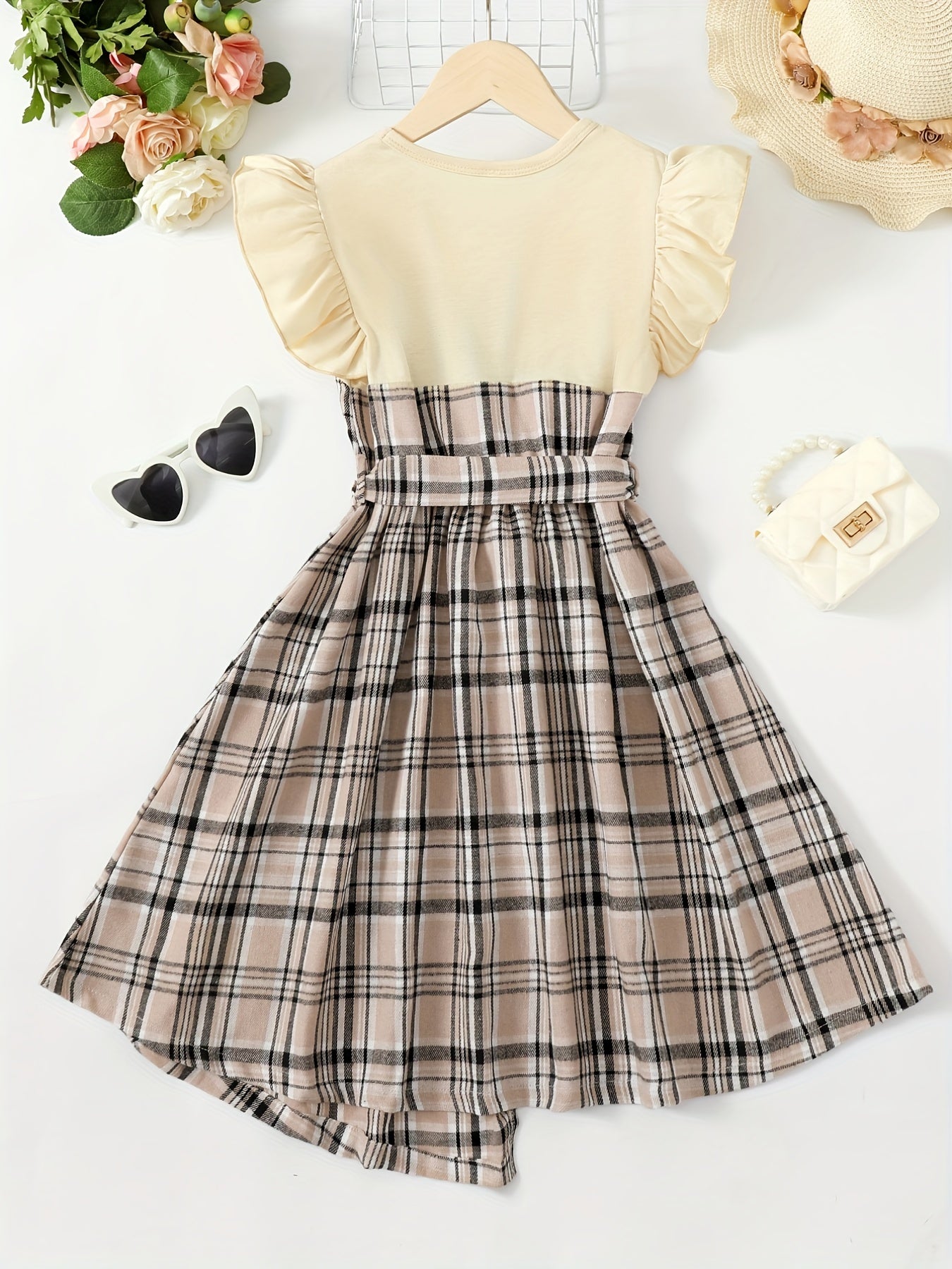 Toddler Girls Ruffle Trim Plaid Button Casual Belted Spliced Dress