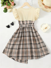 Toddler Girls Ruffle Trim Plaid Button Casual Belted Spliced Dress