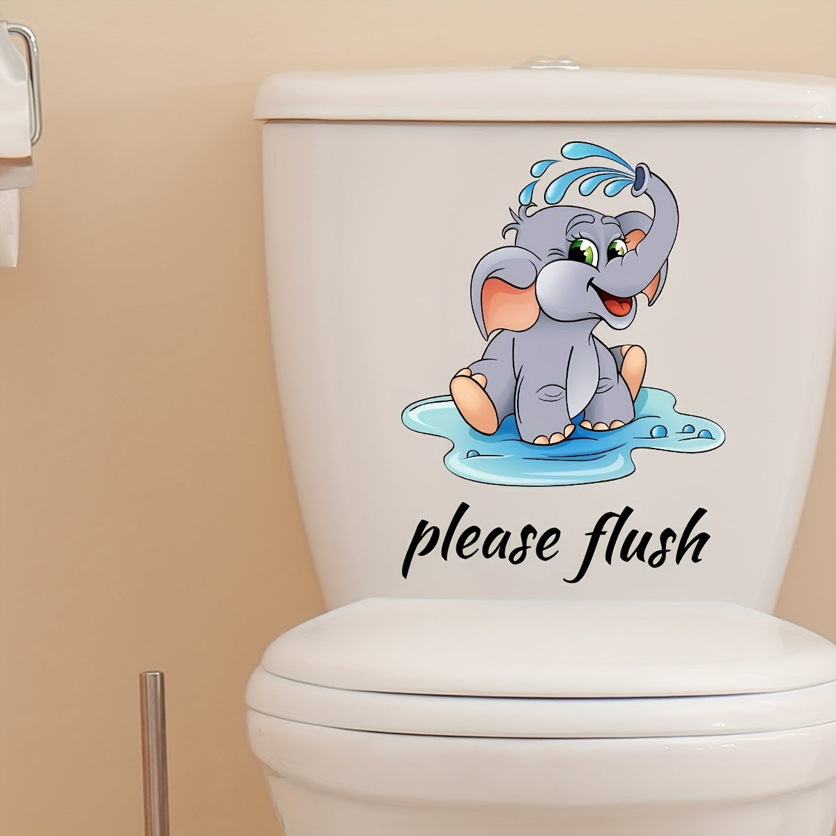 Cartoon Elephant Toilet Lid Sticker - Fun Family Reminder to Flush