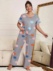 Polka Dot Pajama Set Short Sleeve Tee & Pants Lounge 2 Piece