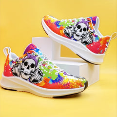 Women's Skull & Barbell Printed Sneakers Low Top Halloween Shoes