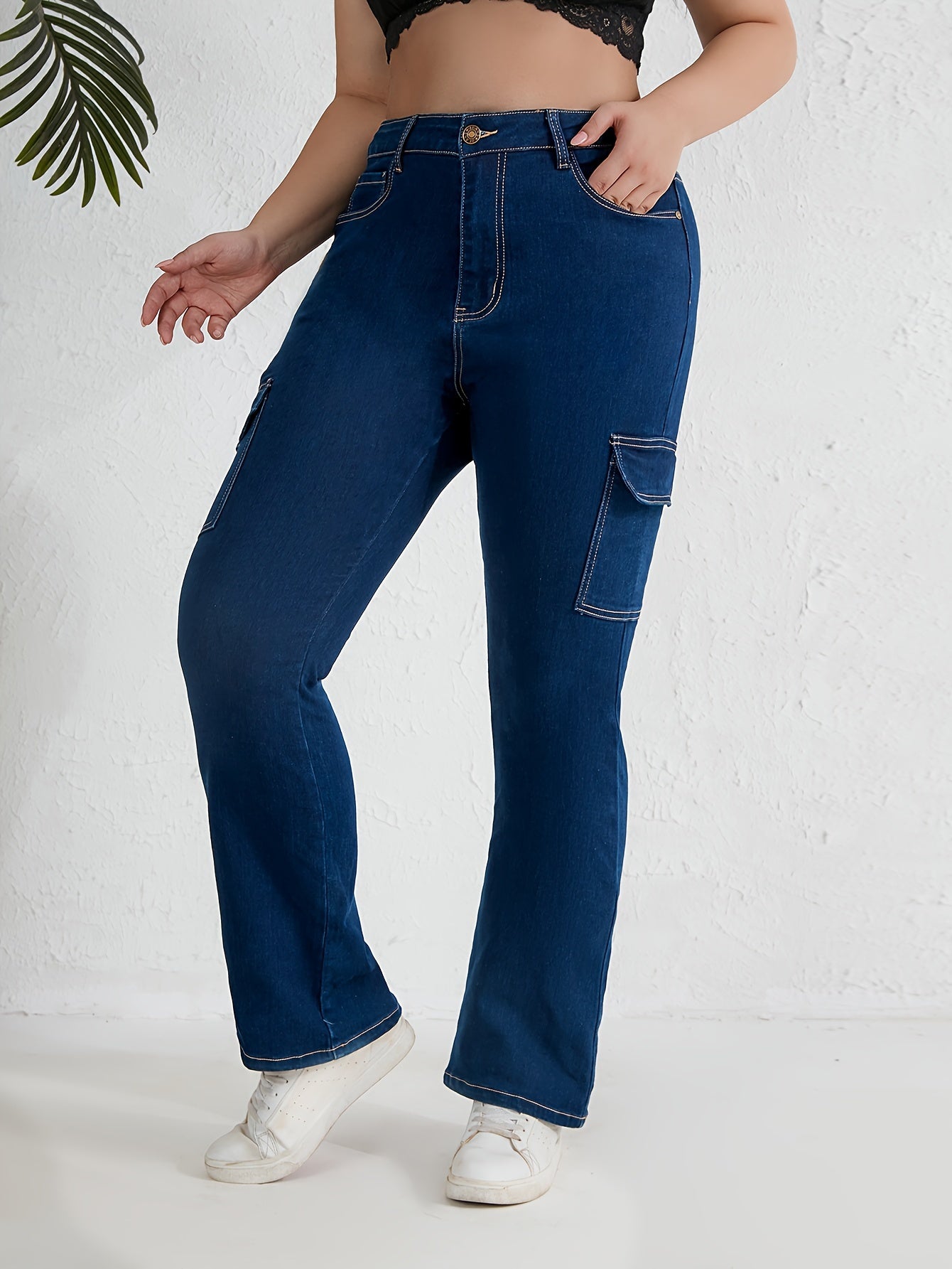 Casual Jeans Women's Plus Solid High Rise Cargo Jeans