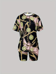 Chain Print Casual 2 pc Set Crew Neck Tops & Slim Shorts Outfit