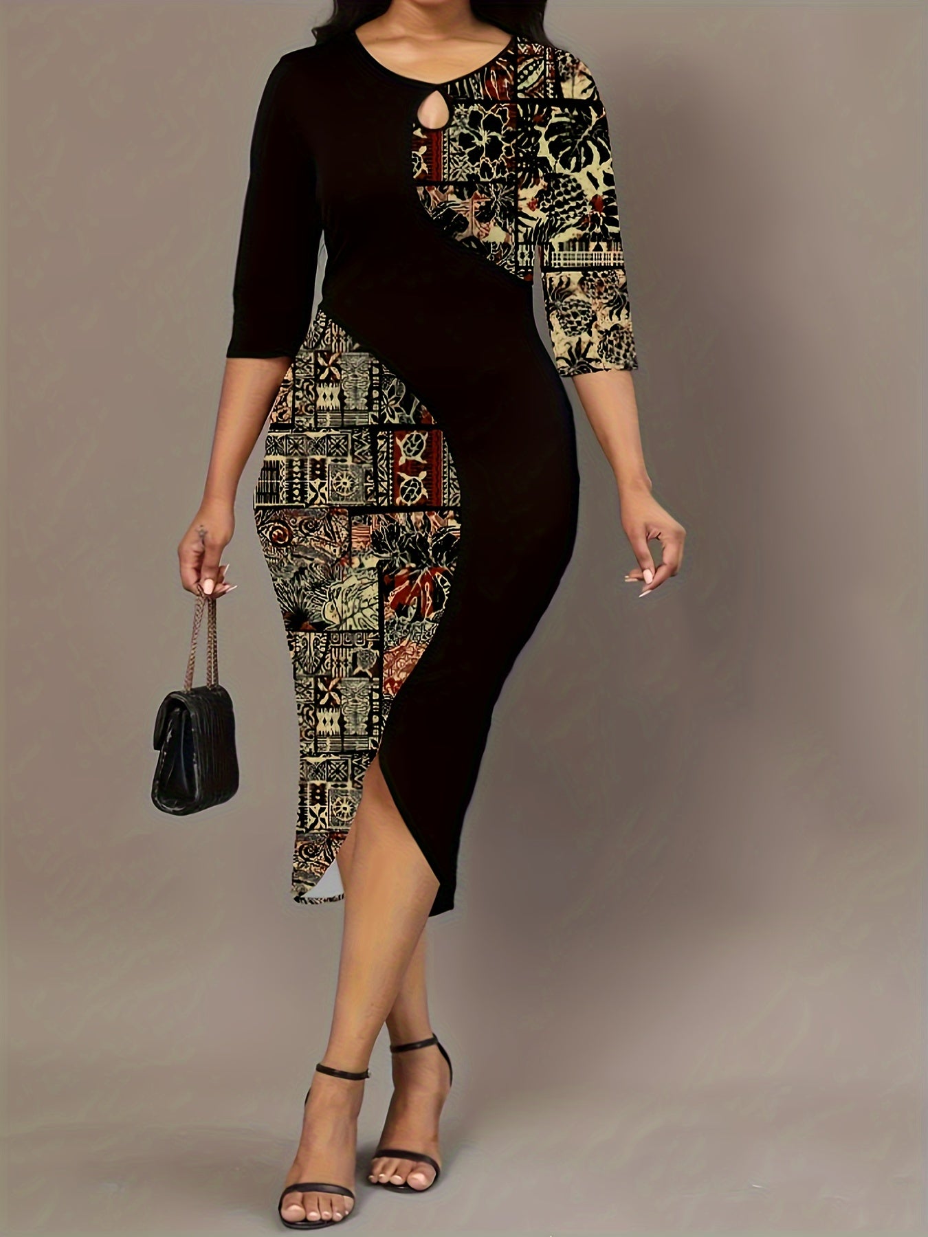 Colorblock Print Half Sleeve Round Neck Keyhole Dress