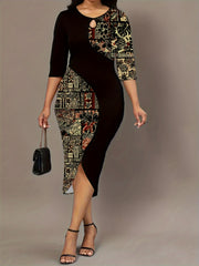 Colorblock Print Half Sleeve Round Neck Keyhole Dress