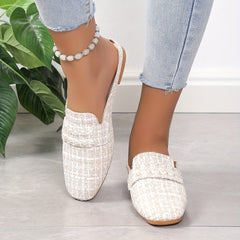 Women's Faux Pearl Decor Flat Shoes Casual Square Toe Slip On Loafers
