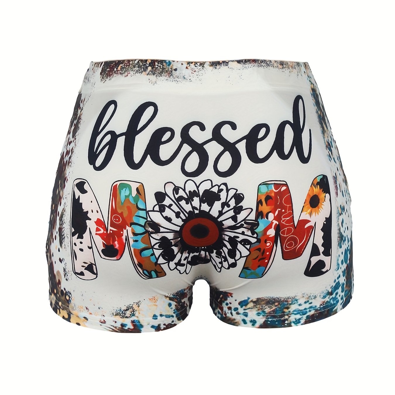 Sunflower & Art Letter Print High Rise Stretch Shorts
