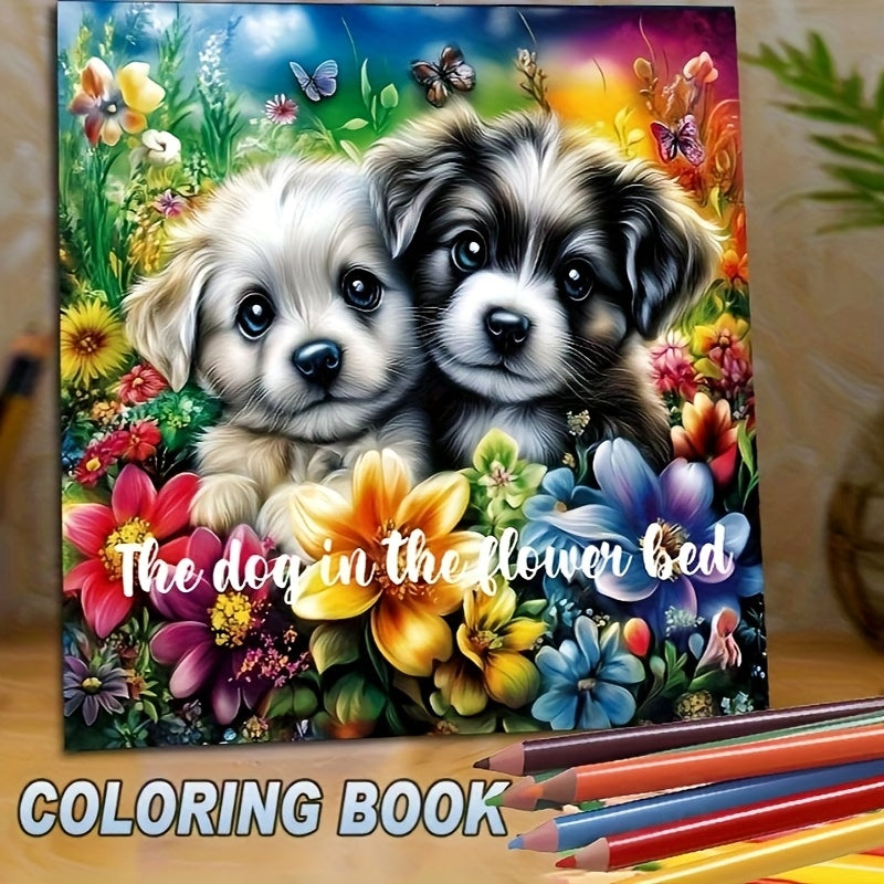 Adult Coloring Book Dog Flower Bush 20 Page Relaxing Art Stress Relief Gift