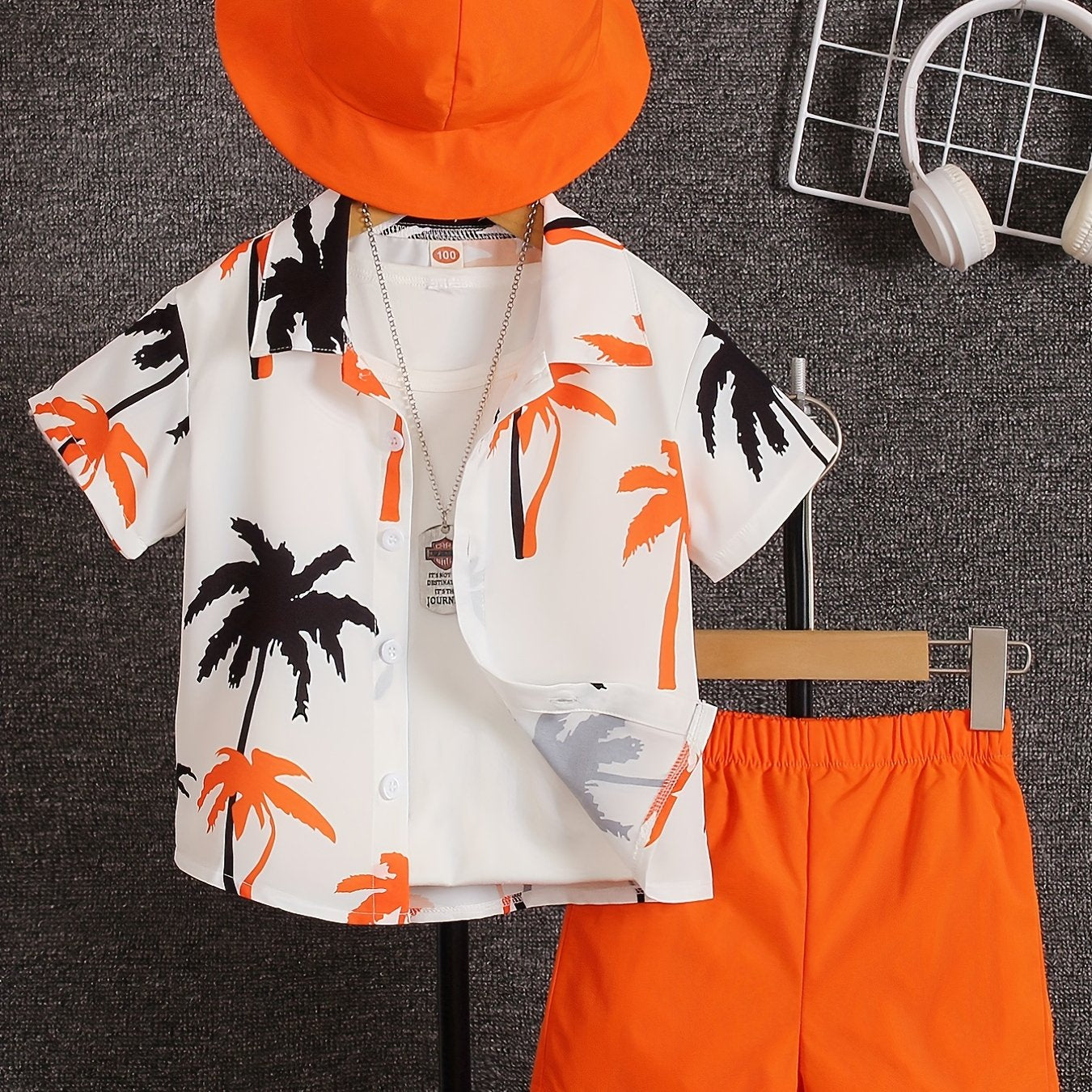 3pcs Boys Casual Coconut Tree Graphic Print Set