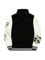 Men's Casual Lamb Fleece Block Jacket With Embroidered Patches