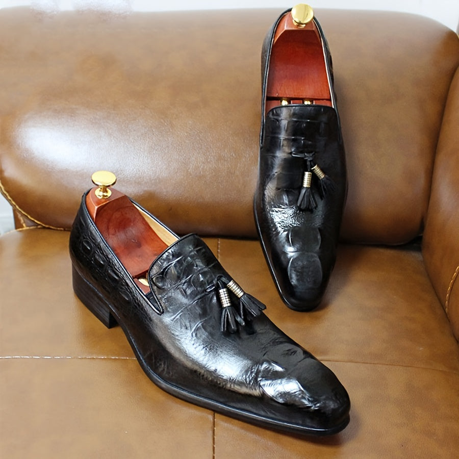 Men's Croc Print Leather Pointed Toe Tassel Loafers
