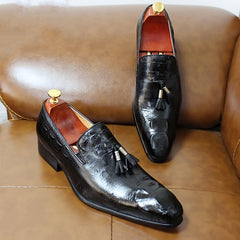 Men's Croc Print Leather Pointed Toe Tassel Loafers