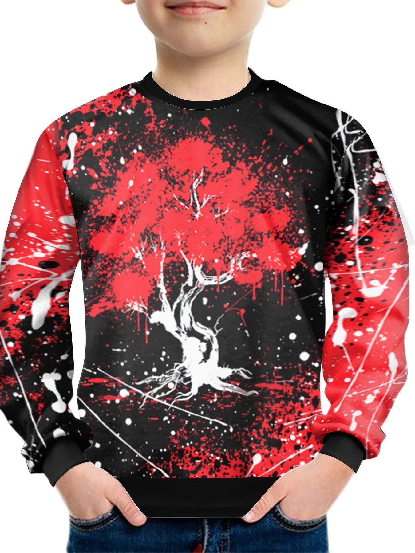 Teens Red Tree 3D Print Block Sweatshirt Casual Pullover Street Wear Clothes