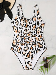 Leopard Twist Front Lace Up Cut Out One Piece Swimsuit
