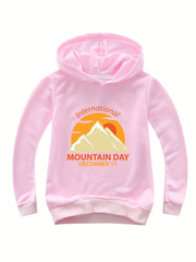 Cotton INTERNATIONAL MOUNTAIN Print Hoodies Girls Comfy Hooded Sweatshirt
