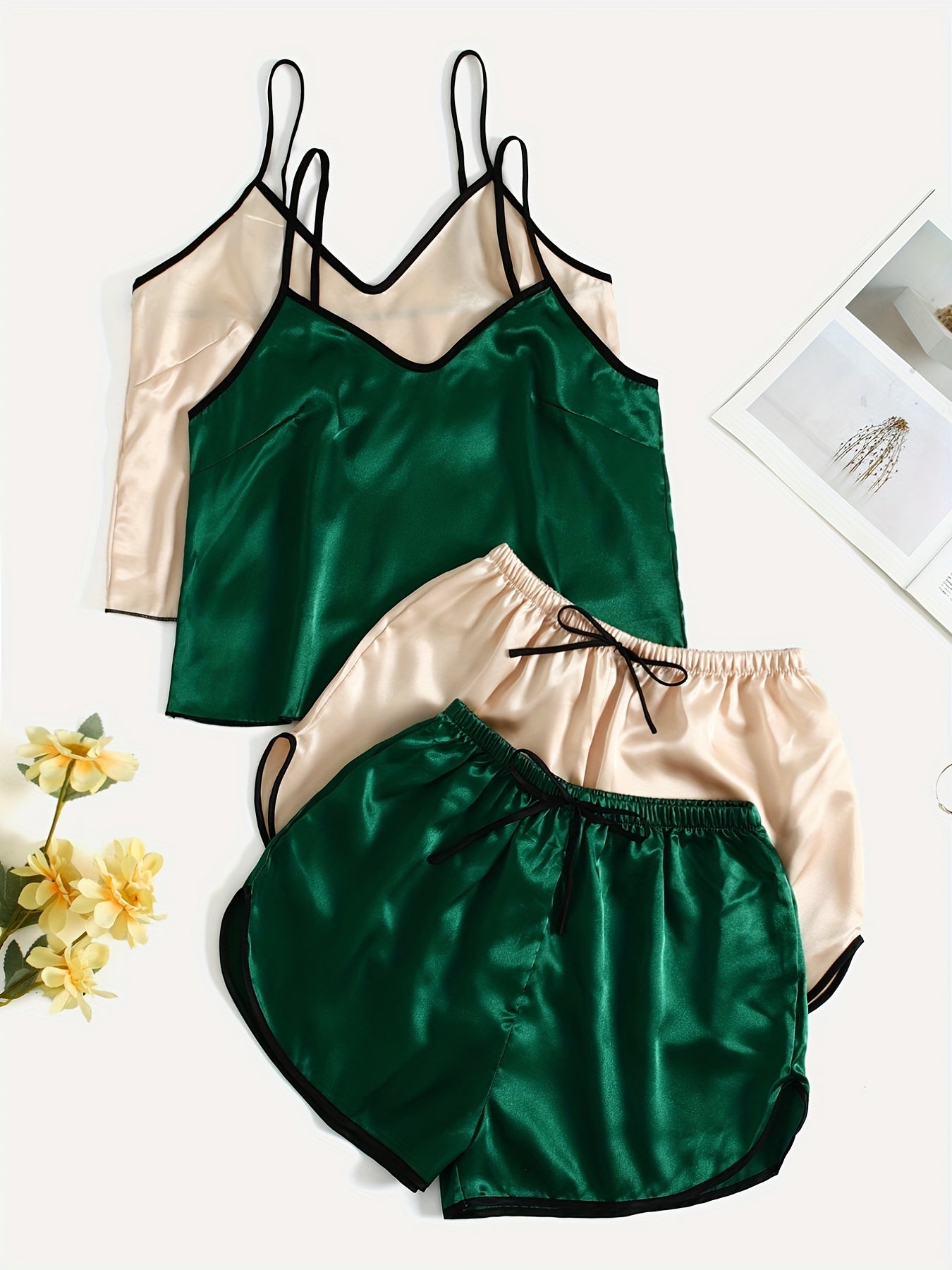Solid Satin Pajama Set V Neck Cami Top & Shorts Women's Sleepwear