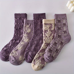 5 Pairs 3D Floral Textured Socks Retro Ethnic Style Mid Tube Women's Stockings