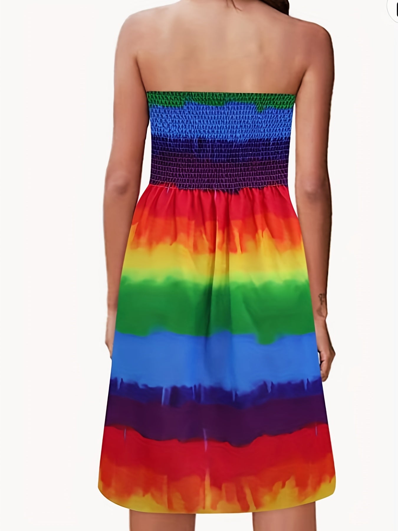 Rainbow Stripe Print Tube Dress Off Shoulder Shirred Dress