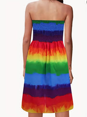 Rainbow Stripe Print Tube Dress Off Shoulder Shirred Dress
