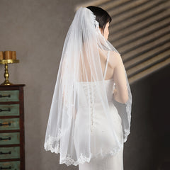 Lace Bridal Veil with Faux Pearl Accents for Weddings