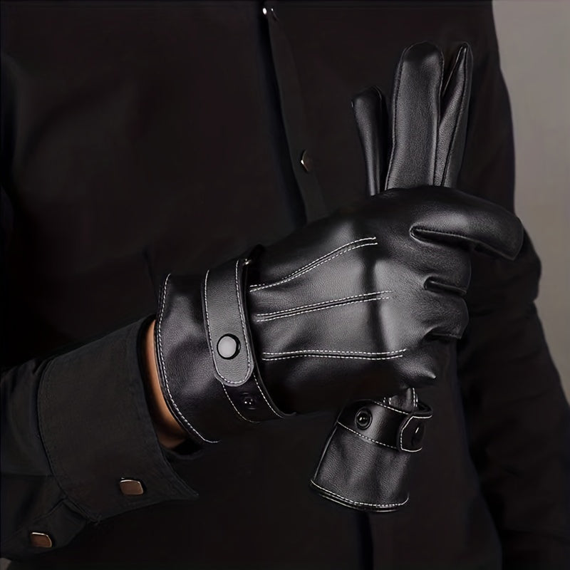 Men's Winter Leather Plus Velvet Touch Screen Gloves Waterproof Windproof