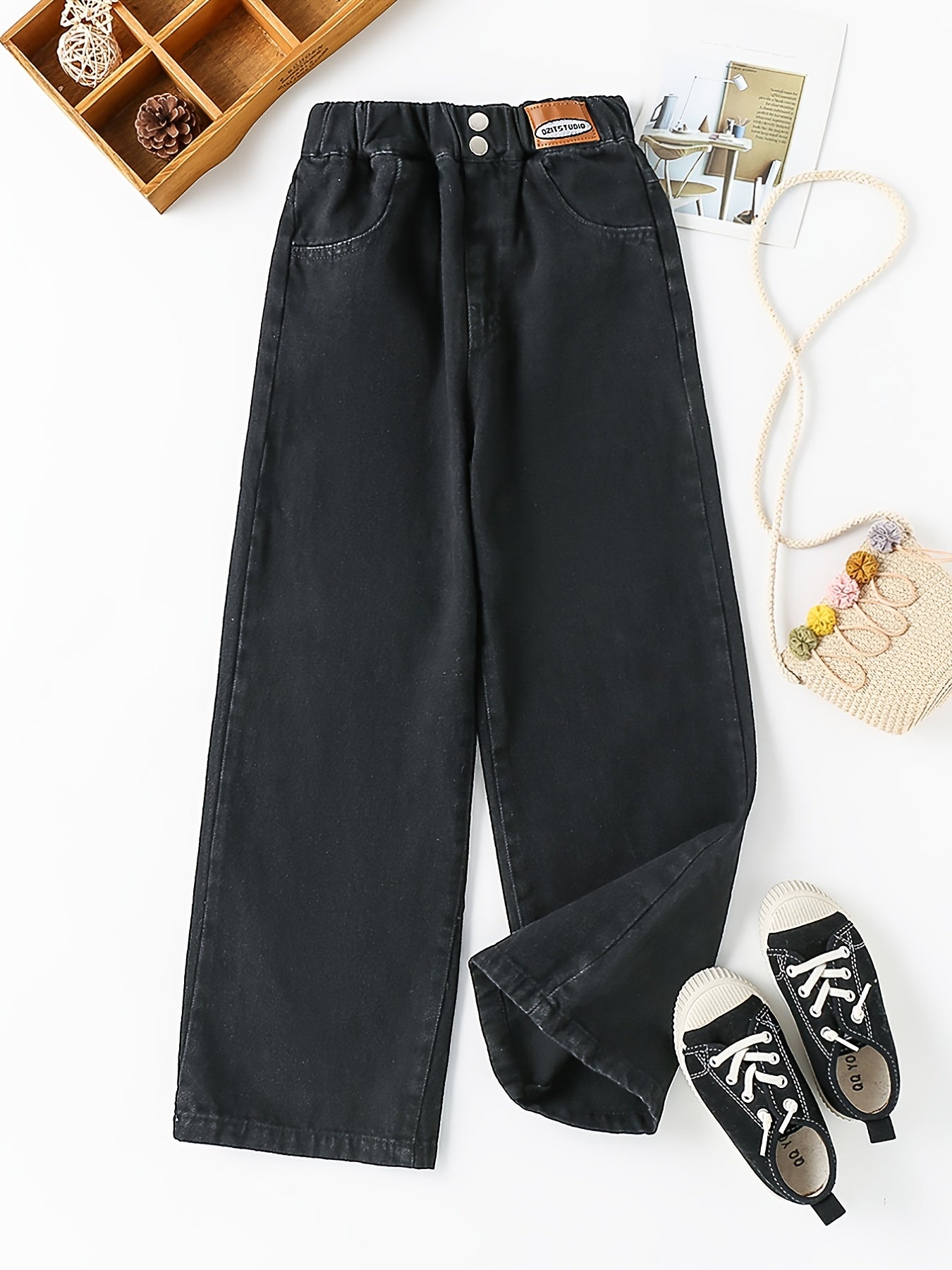 Toddler Girls Button Jeans Loose Wide Leg Denim Pants