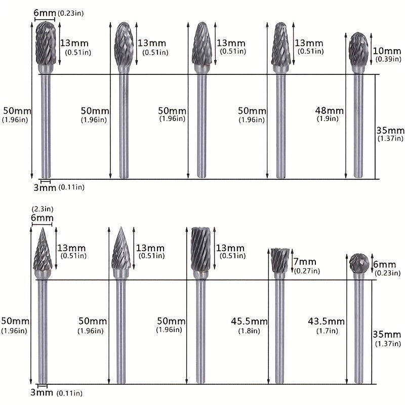 10pcs Carbide Burr Set for Rotary Tool 1/8 Shank 1/4 Grinding Head