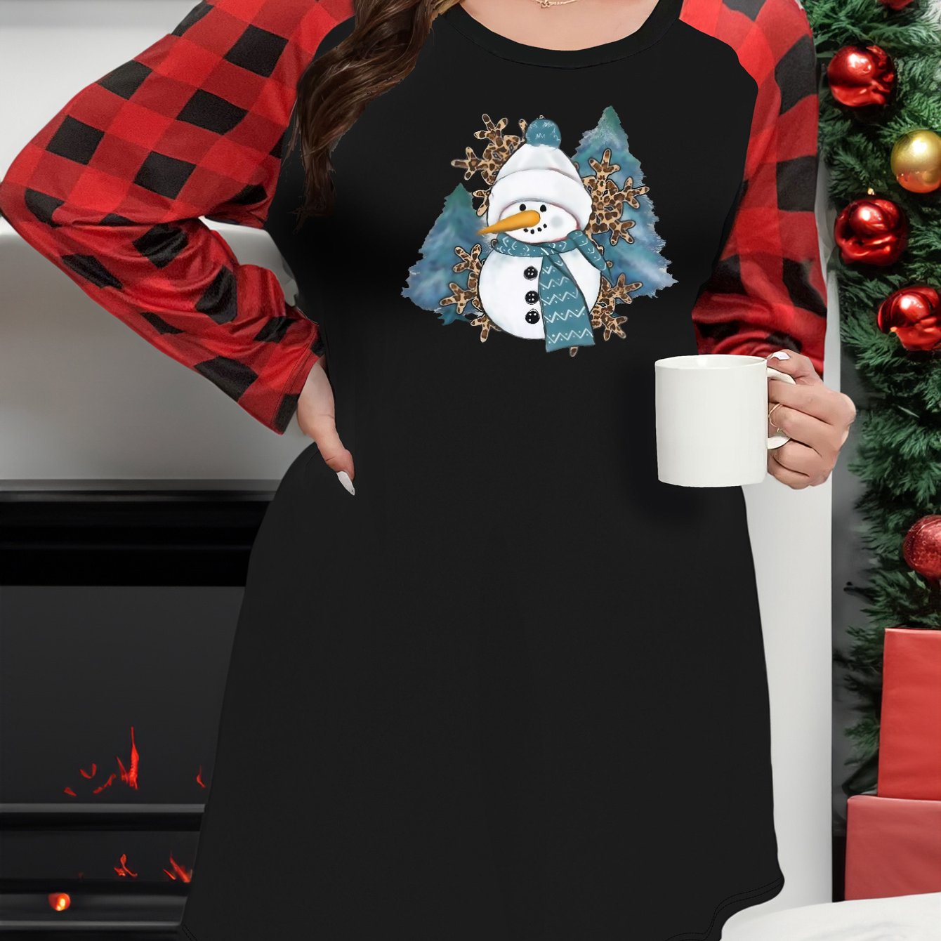 Plus Size Christmas Lounge Dress Women's Plus Snowman & Snowflake Graphic