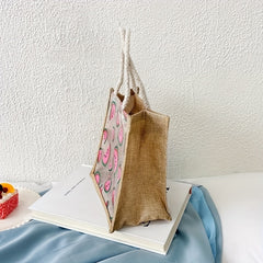 Printed Burlap Handbag Portable Shopping Bag Zipper Tote For Work School Picnic