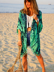 Tie Dye Print Tassel Trim Open Front Cover Up Cardigan Loose Fit