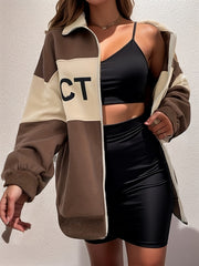 Letter Pattern Block Zip Up Jacket Casual Outerwear