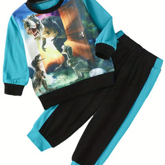 Toddler Boy's Dinosaur Pattern 2pcs Sweatshirt & Sweatpants Set