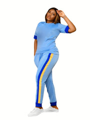 Casual Two piece Set Crew Neck Short Sleeve Tops & Pockets Pants Outfits