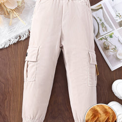 Girls Fleece Warm Winter Corduroy Trousers Elastic Waist Pocket Cargo Pant