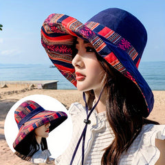 Vintage Boho Reversible Sun Hat Wide Brim UV Protection Summer Bucket Hat