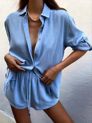 Solid Casual Two piece Set Shirt & Shorts Outfit