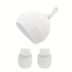 3pc Newborn Baby Hat & Mittens & Socks Soft Cotton Beanie Knot For 0-6 Months