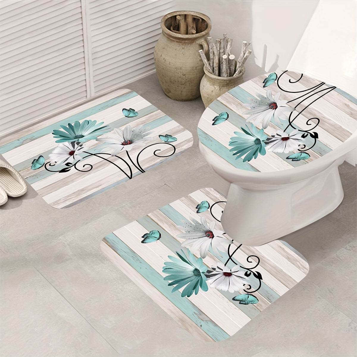 Flower Butterfly Shower Curtain Set with 12 Hooks