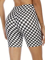 Sporty Plus Size Shorts for Women, Checkerboard High Rise Biker Shorts