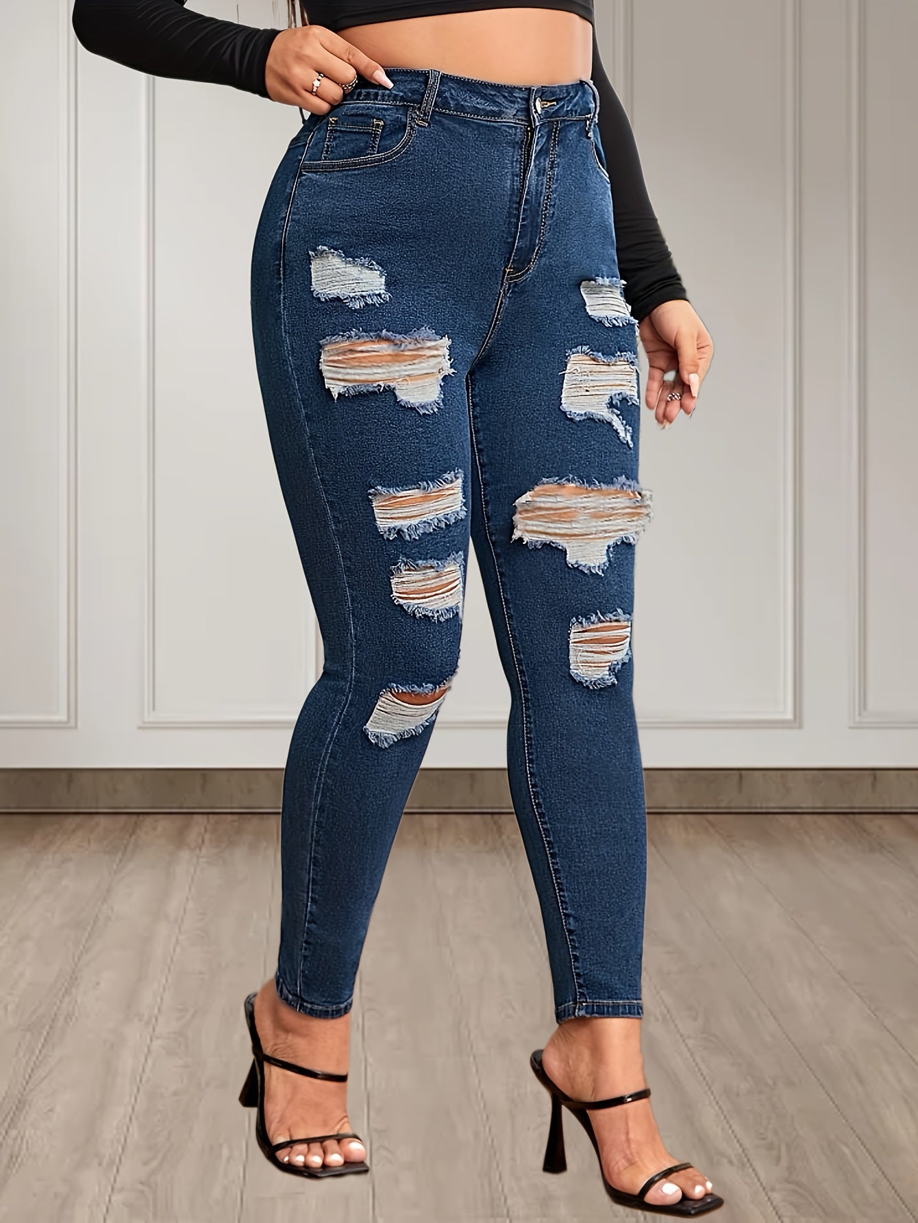 Solid Ripped High Rise Stretch Jeans